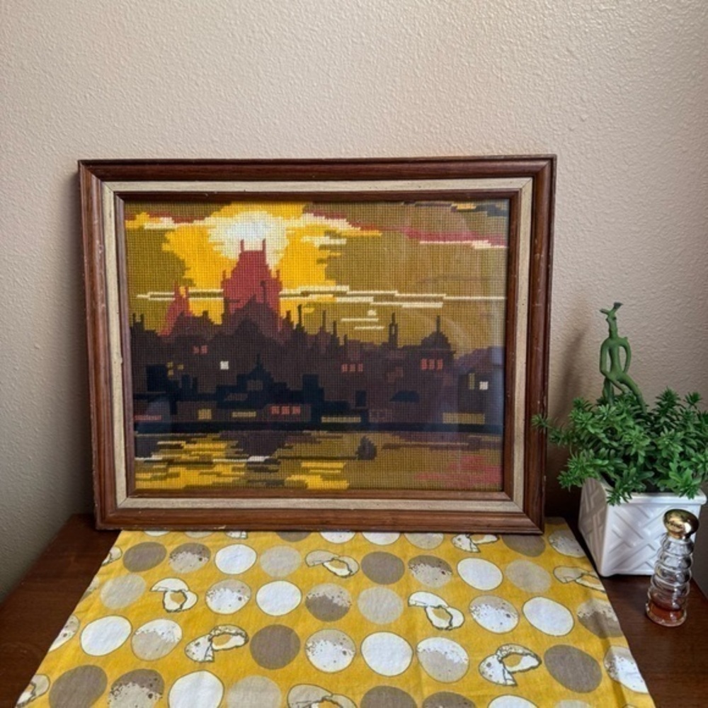Vintage cross stitch city scene framed tapestry